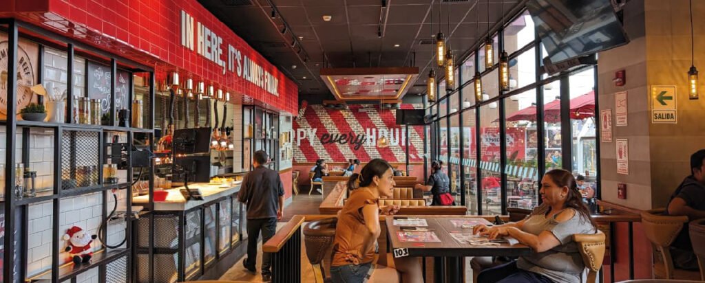 Interior de T.G.I. Friday’s con mobiliario de madera, iluminación cálida y espacios destinados al comedor.